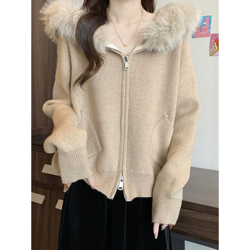 Korean Lazy Style Fur Neck Sweater Jacket for Women in Autumn Winter New Sweet Gentle Double Zipper Knitted Cardigan Top