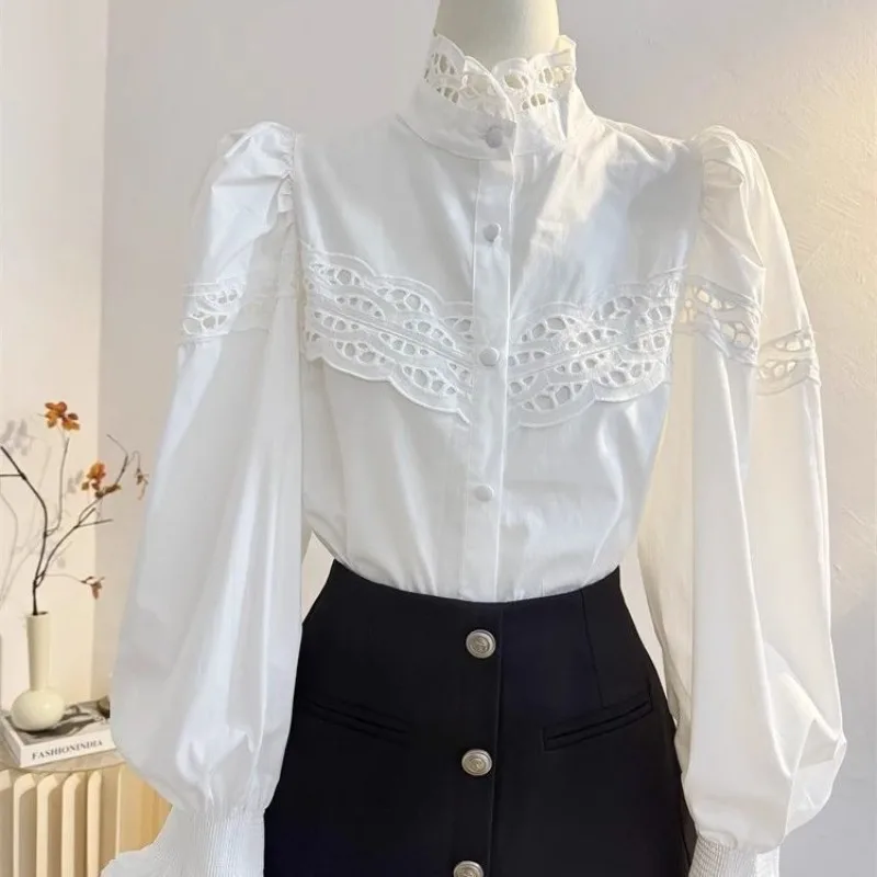 

Hollow Out Lace Stand Collar Shirt Women 2025 Early Autumn New Long Sleeve Blouses Elegant Fashion White Blusas De Mujer