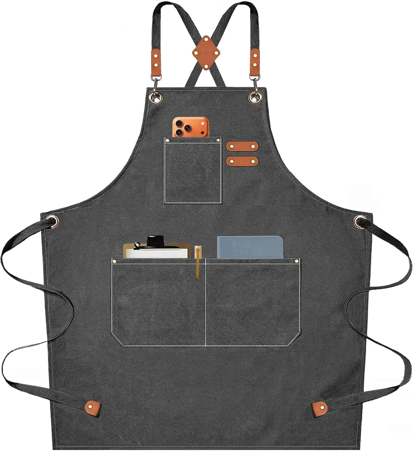 

Heavy Duty Chef Apron with Oversized Pockets, Cross Back Design for Men and Women in Grey