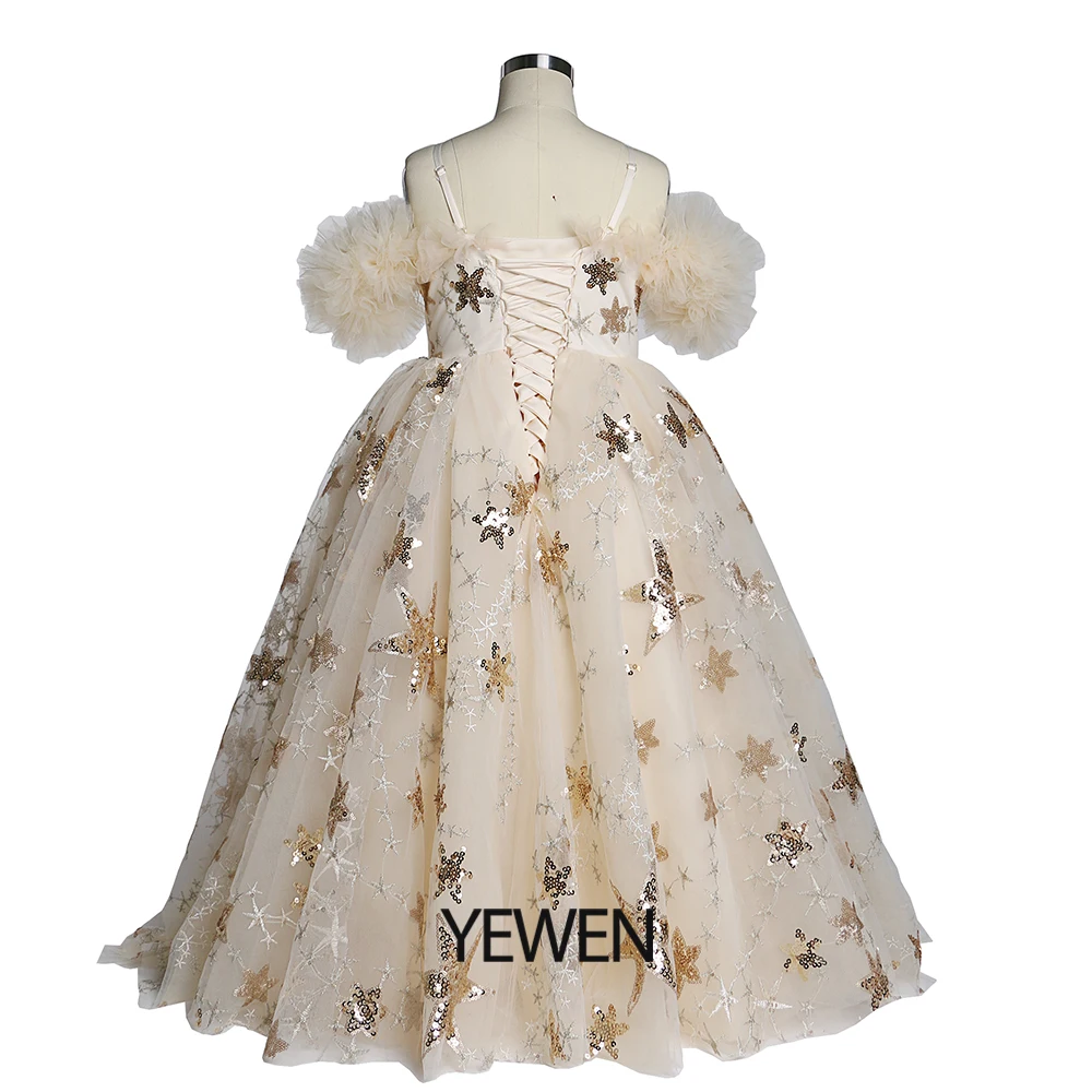 Sparkle Star Tulle Flower Girls Dresses for Wedding Party Princess Children Photo Shoots Gown Celebrity Dresses YEWEN