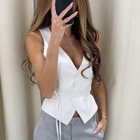 Women Short Waistcoat Sexy V Neck Sleeveless Pockets Vest Jacket Office Lady Single Breasted Casual Slim Waistcoat Vest