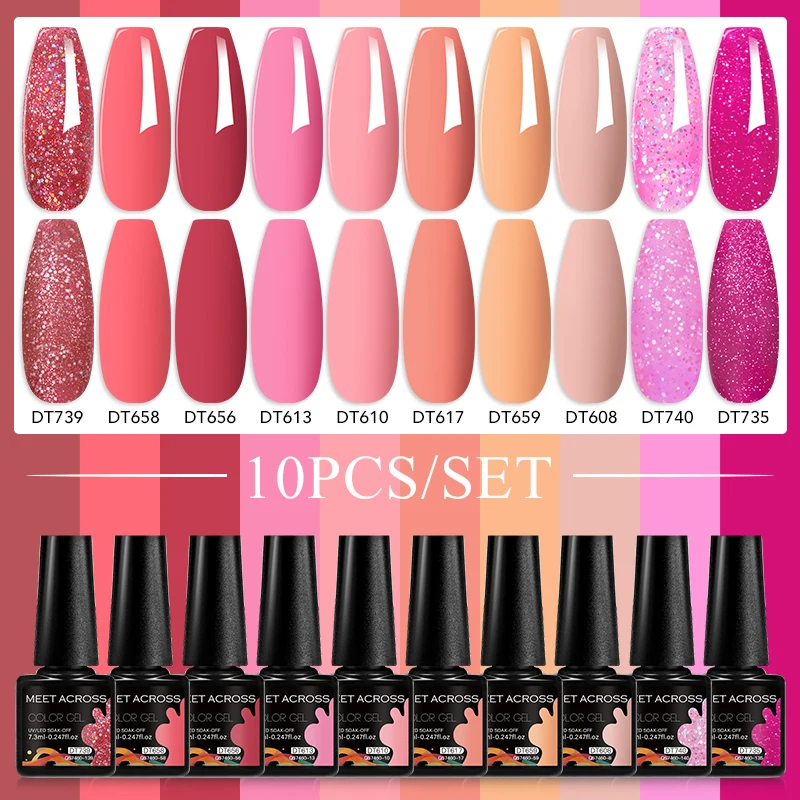 10PCS/SET 7.3ml Hot Pink Gel Nail Polish Set Spring Summer Nails Glitter Gel Soak Off UV LED Gel Varnish For Manicure Nail Art