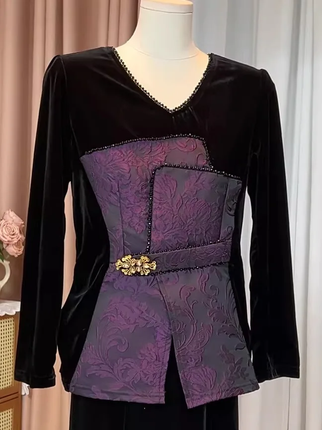 

Новинка! Женская блузка из черного бархата с высоким воротником и длинными рукавами, с эффектом утяжки на талии, осенне-зимняя коллекция, большие размеры.