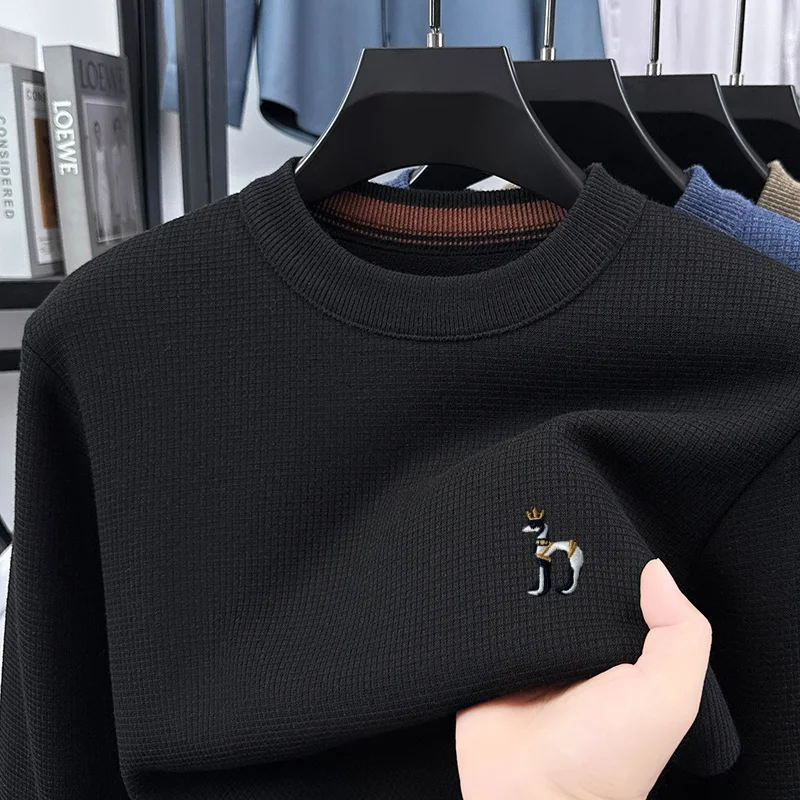 جودة فاخرة رجل طويل الأكمام تريكو جولة الرقبة الصوف مبطن سميكة غير تشوه رائعة التطريز الشتاء الساخن MenTops #6