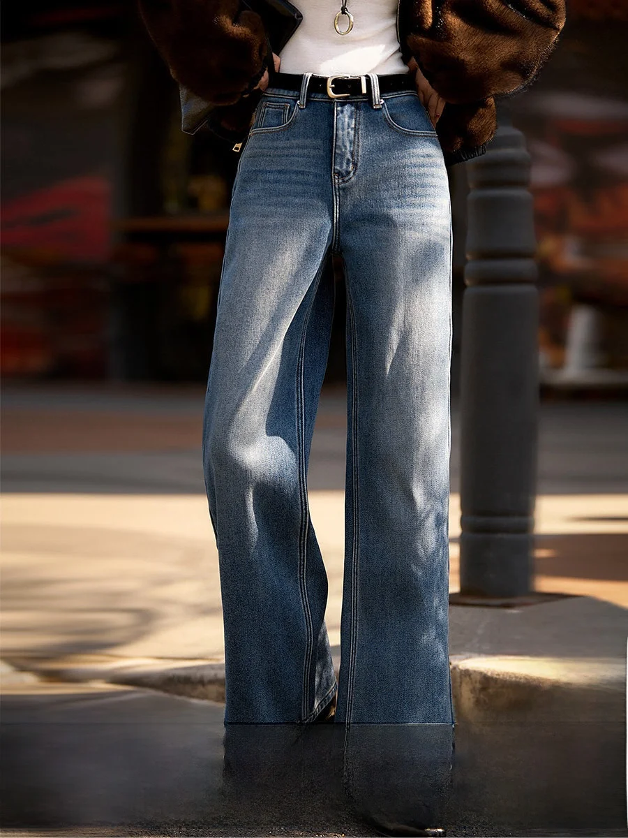 

Xhange Fce Lined Waed Denim Jeans Straight Leg Casual Warm Slimming Long Pants Women's Autumn Winter Cotton Blend