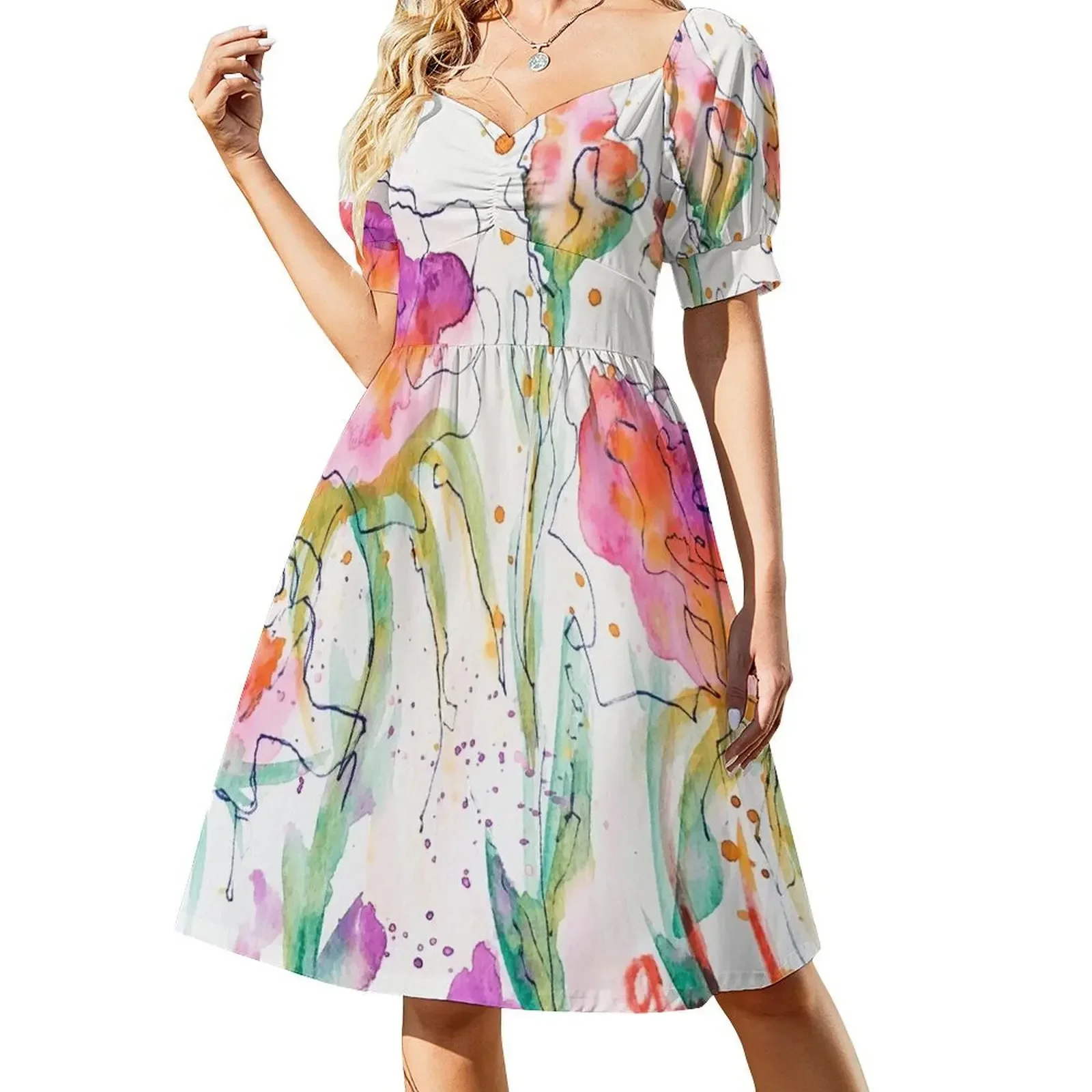 

Flower Splash Short-Sleeved Dress festival outfit women women's evening dresses dress party night Dress