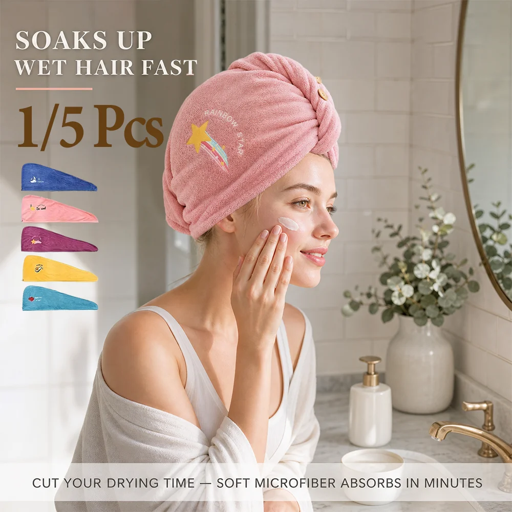 1/5 Pcs Women's Microfiber Hair Drying Towel Wrap Quick Dry Super Absorbent Modern Geometric Space Embroidery for Bathroom Spa