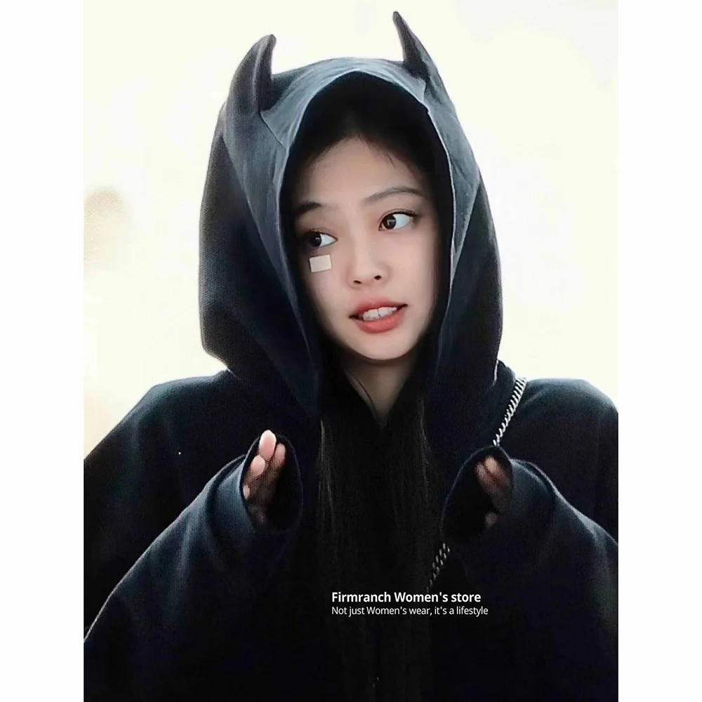 Firmranch Korean Jennie Outfits Hoodies for Men and Women, Black Cat Ear Hood, Fashionable Clothes, Little Devil Sweatshirt