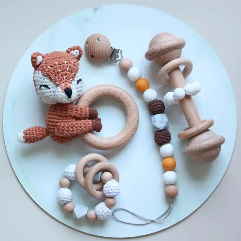 E06F Baby Pacifier Clip Chuỗi Chuỗi nương giả bằng gỗ Vòng đeo tay DIY crochet động vật Teether trẻ sơ sinh