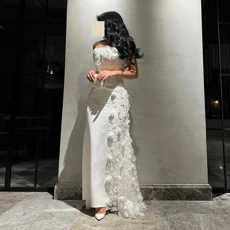 Jirocum Elegant White Prom Dress Women Strapless Floral Saudi Party Evening Gowns Ankle Length Special Occasion Gown customized