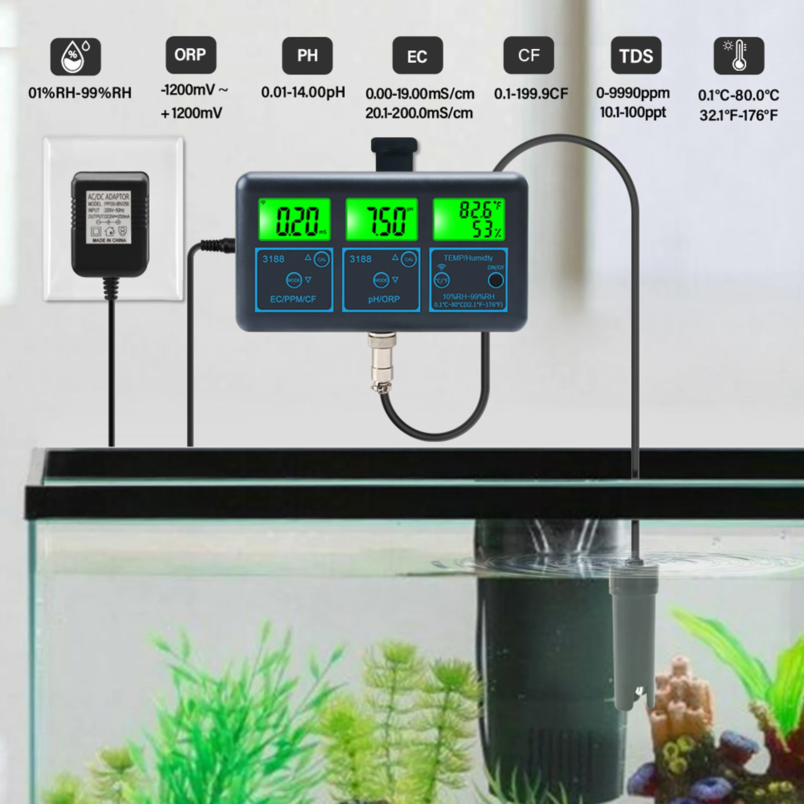 

Tuya Water Quality Tester WiFi 7 in 1 EC/PPM/CF/RH/ORP/PH/Temperature Measuring Analyzer Water Monitor Aquarium Online Analyzer