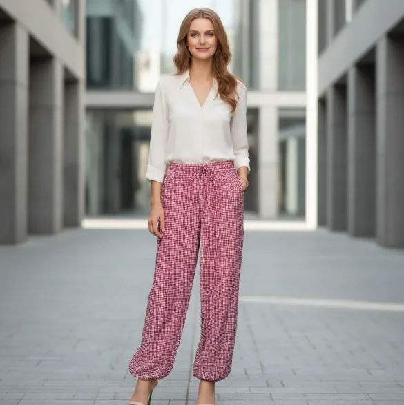 Guobioziy Women's Pants 2026 Summer New Red Plaid Drawstring Harem Pants Long Trousers Beach Vacation Casual Fashion