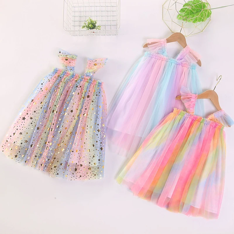 1-7 Yrs Girls Clothes Kids Dresses Summer Casual Wear Bling Star Sling Backless Dress Rainbow Baby Girl Party Children Clothing