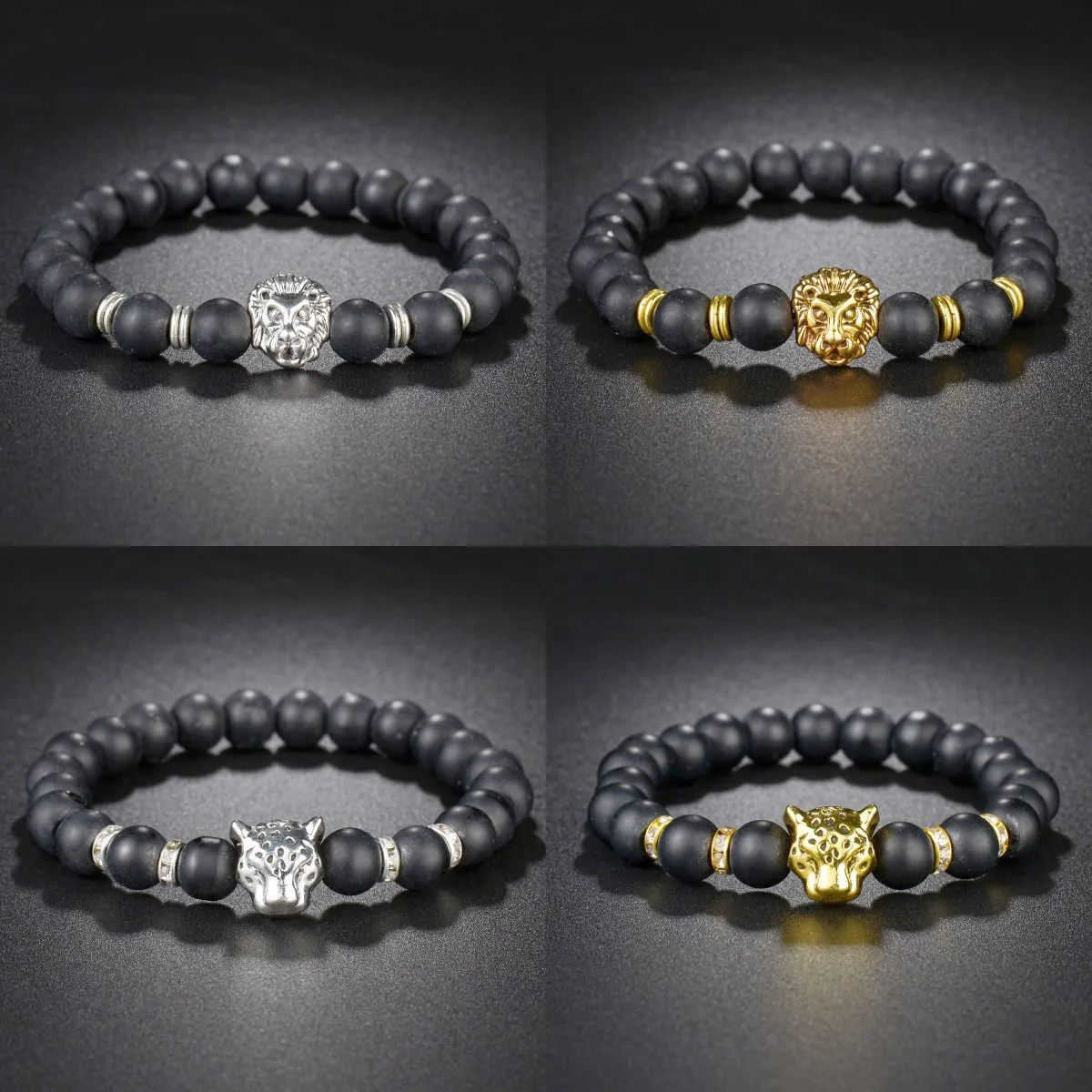 8mm Beads Leopard Lion Head Hematite Bracelet & Bangles Natural Black Stone Charms Bracelets for Women Men Yoga Jewelry Wholesal