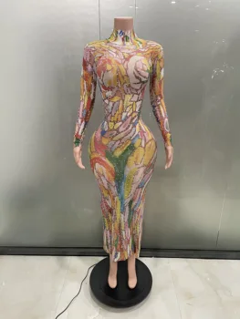 여성용 스파클 라인스톤 컬러풀 프린트 긴 원피스, 하이넥, 섹시한 메쉬, 저녁 생일 축하, 무대 공연 코스튬
