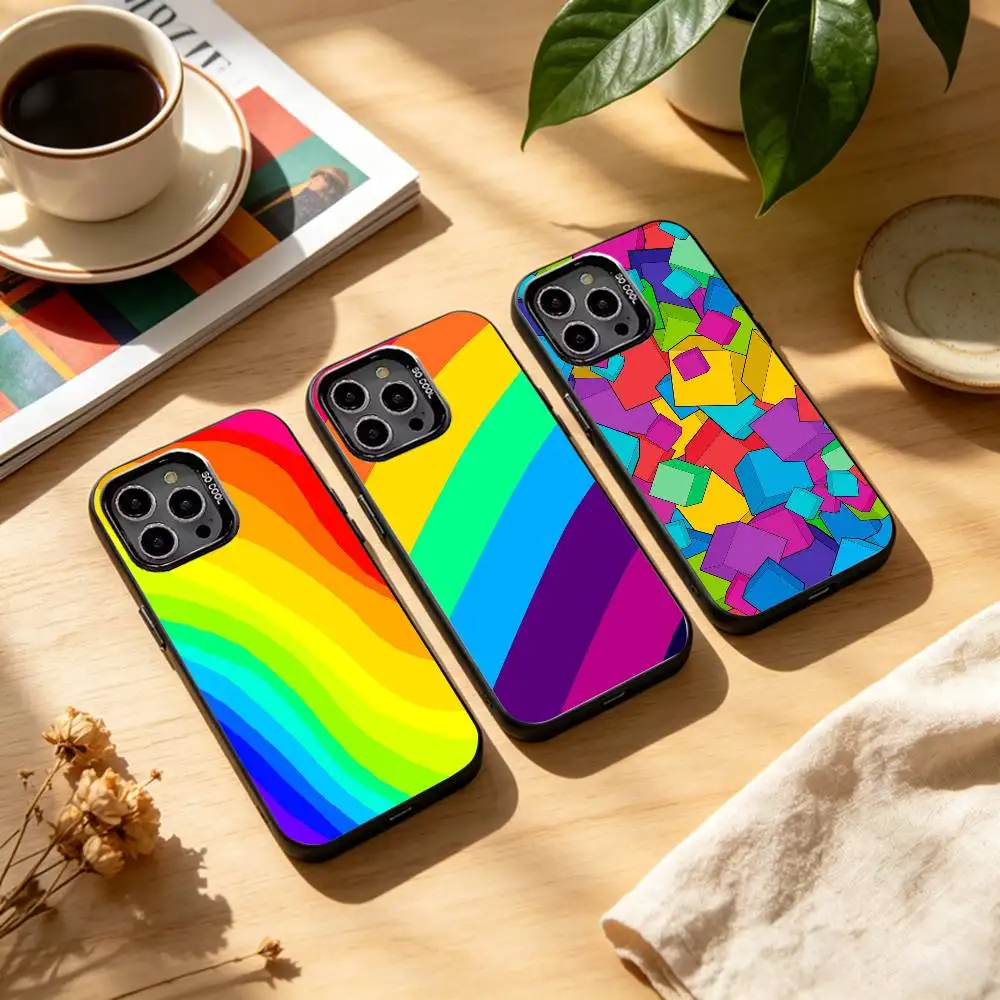 C-Colorful Rainbow Stripe  Phone Case For iPhone17,16,15,14,13,12,11 Plus,Pro Max Black Candy silver phone case