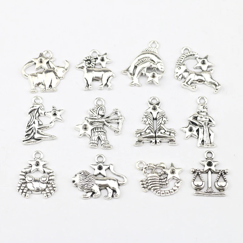 12 Pieces/Lot Antique Bronze Or Antique Silver Plated Jewelry Diy Zodiac Charms For Jewelry Making 1212