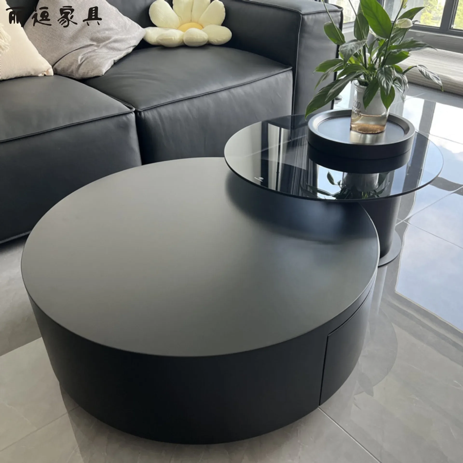 Black rock panel circular coffee table, light luxury, modern minimalist living room designer, high-end internet red glass