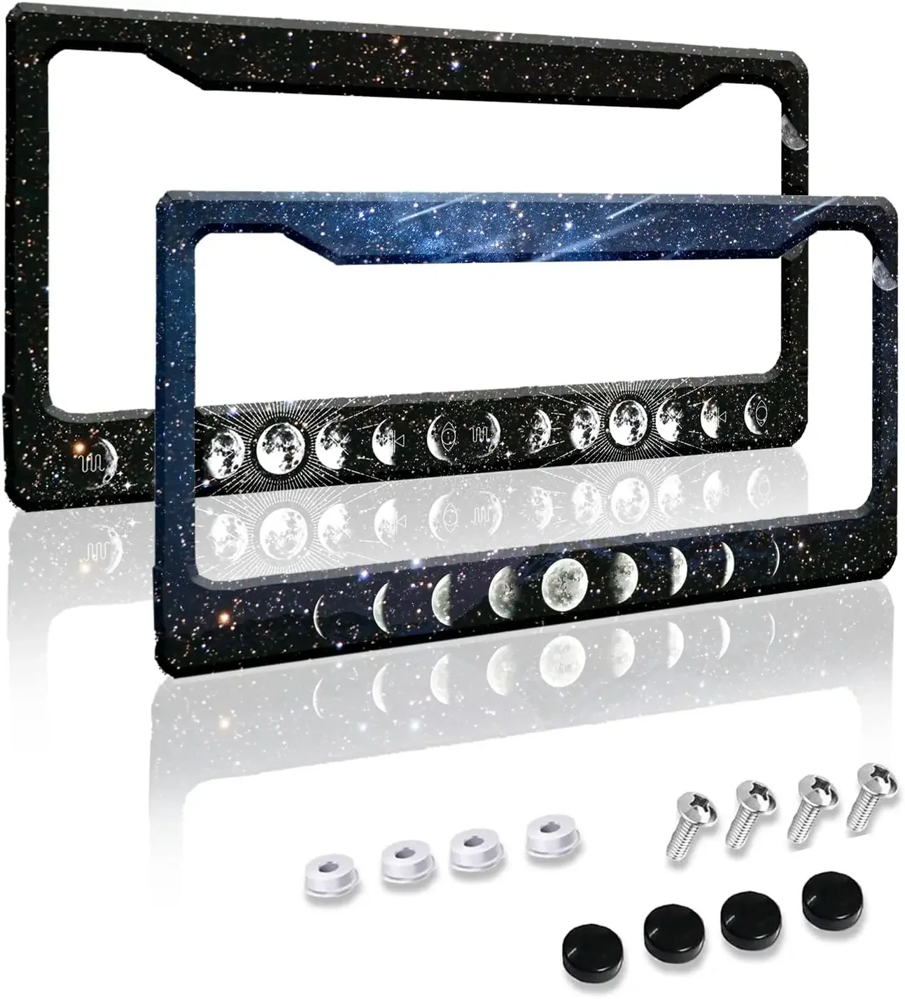 Galaxy Moon Pattern License Plate Frame 2 Pack License Plate Holder with 2 Holes Car Tag Frame for Women Men US Vehicles