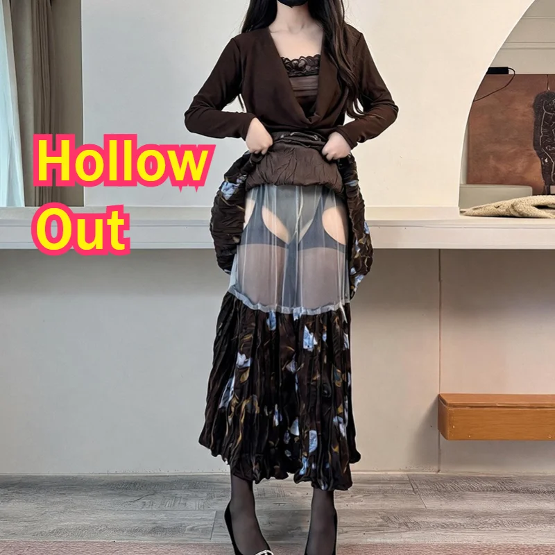 Women Sexy Hollow Out Take Off Easy Pleated Skirts Outdoor Exposure Couple Play Dress Lace Printing Bodycon See Through Clubwear