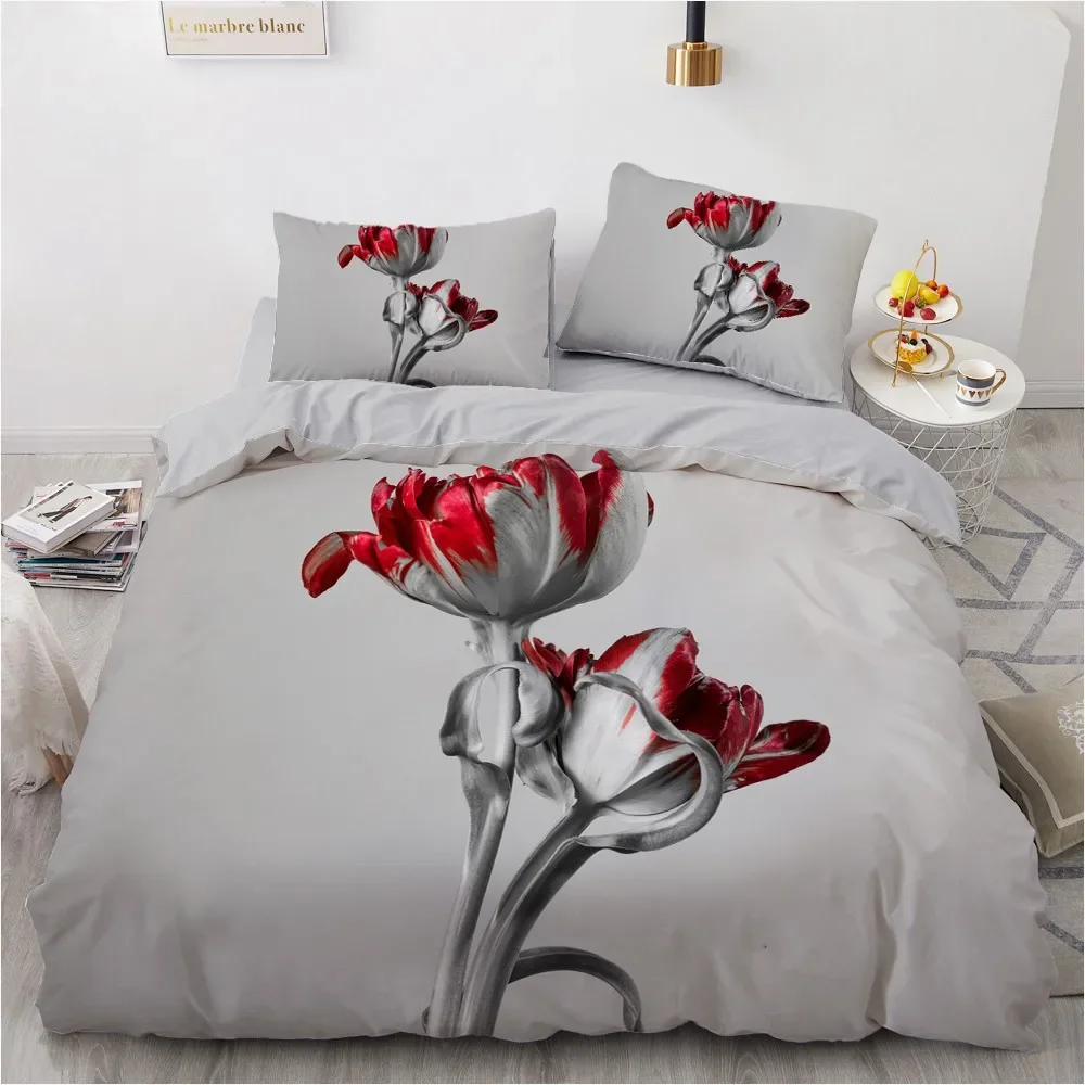 

Red Floral King Queen Full Duvet Cover 3D Romantic Flowers Bedding Set for Kids Teens Adults Plant Grey 2/3pcs Soft Quilt Cover