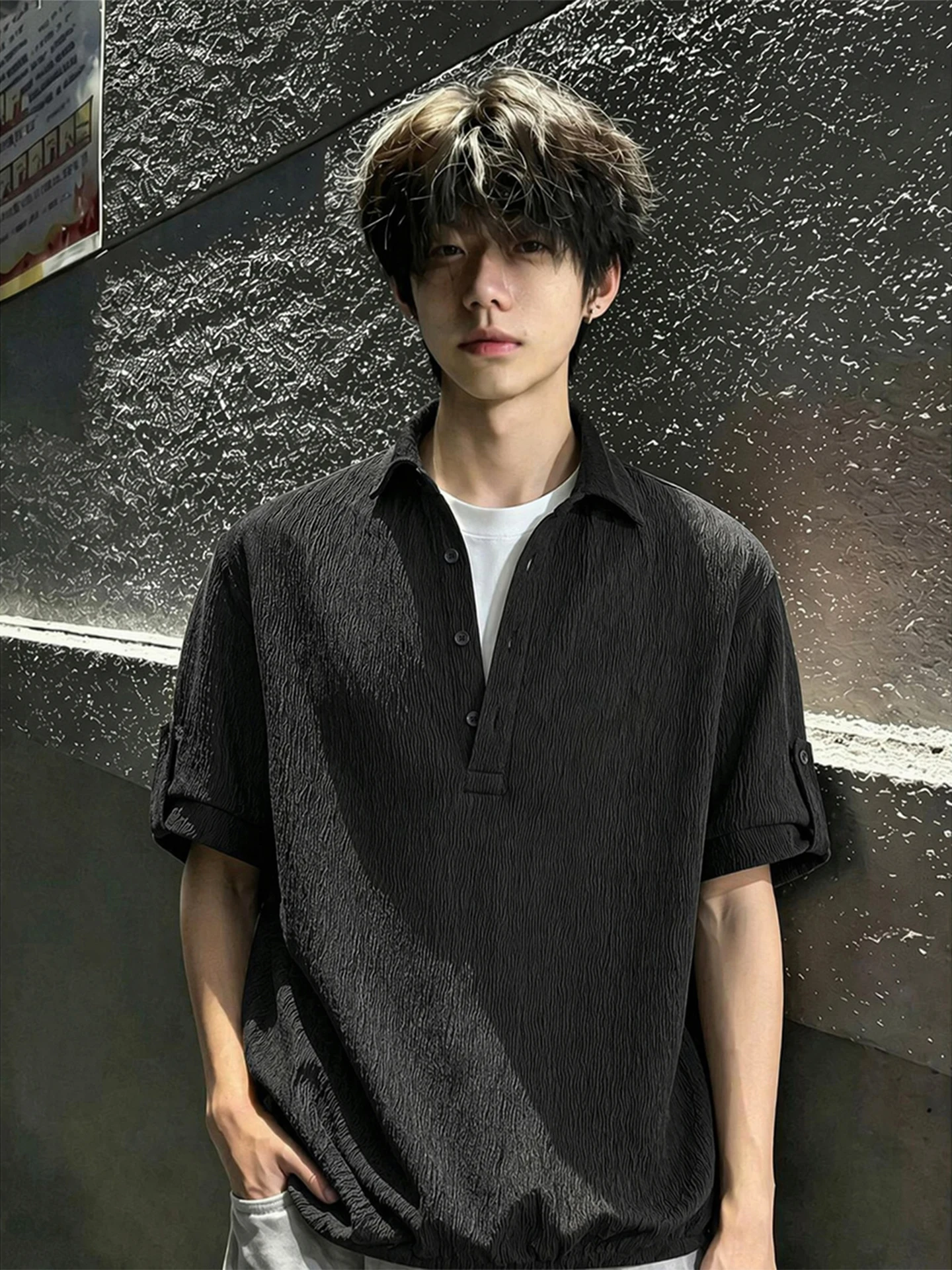 Men's  Shirt Short Sleeve Summer Texture Henry Collar T-Shirt Premium Feel Half Sleeve Treebark Pattern Cleanfit Style