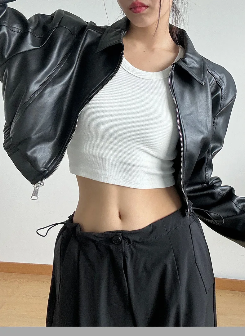 Vintage Women's Cropped Faux Leather Jacket Stand Collar Balloon Sleeve Biker Style PU Leather Coat Streetwear Fashion Outfit