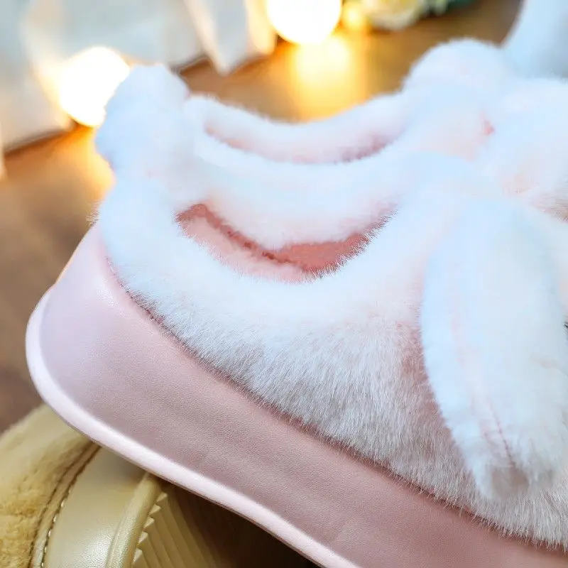 New super soft pink bunny slippers winter women\'s warm high platform furry mules shoes with bells woman plush rabbit flip flops