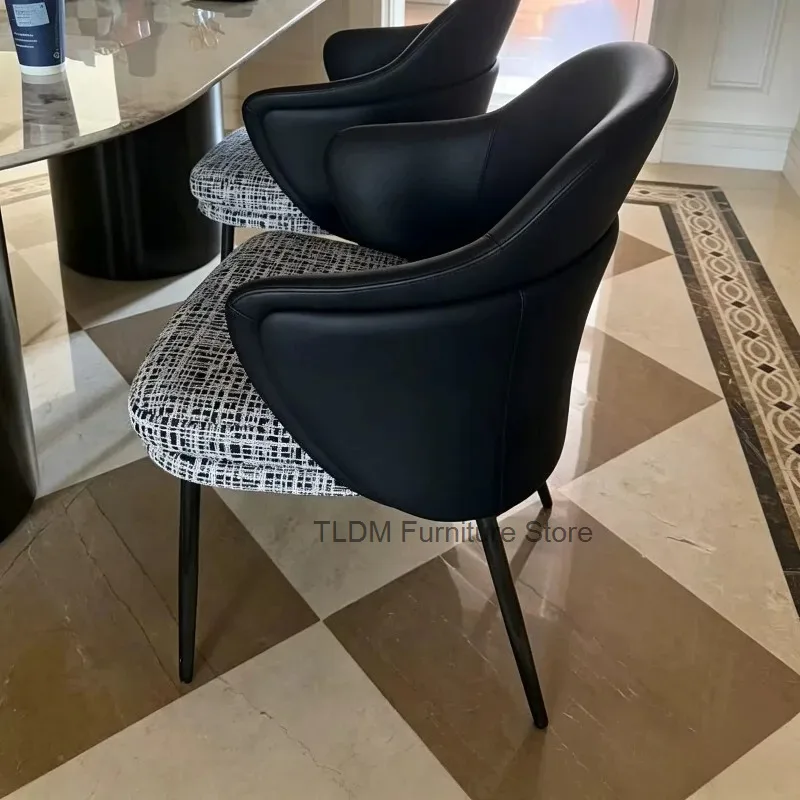 Modern Spliced L eather Fabric Dining Chair，Curved Armrest Thin Metal Leg Padded Side Chair with Decor Pillow