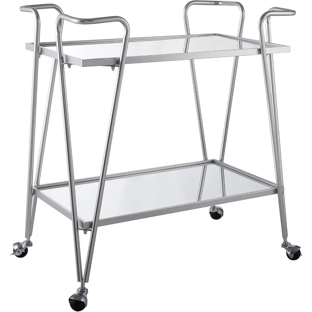 

Linon Gina Silver Mid Century Bar Cart with Mirrored Shelves on Locking Castors