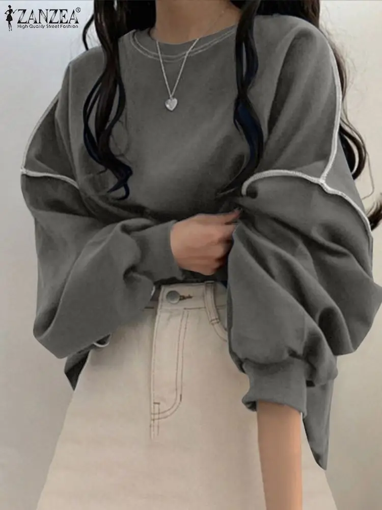 

Casual Solid O-Neck Hoodies ZANZEA 2024 Spring Pullover Fashion Women Oversized Sweatshirt Vintage Long Sleeve Simple Outfits