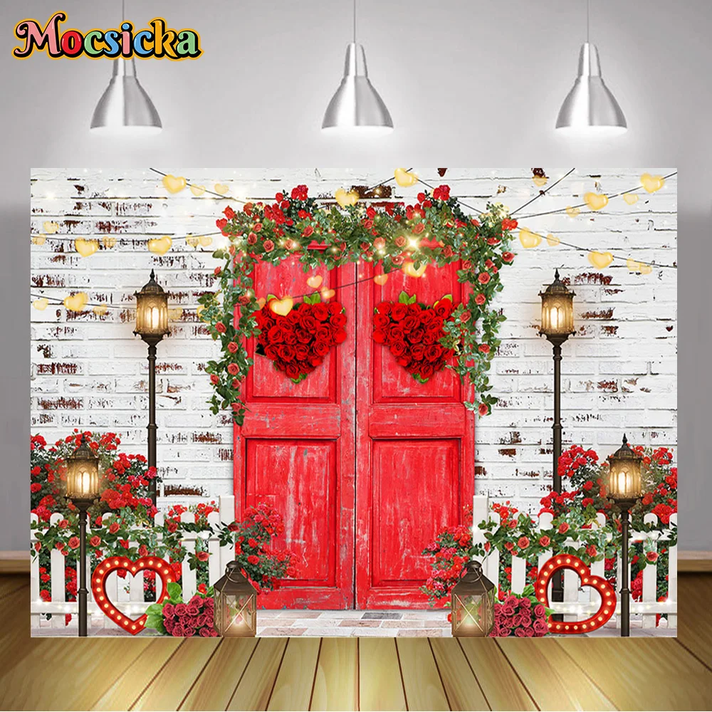 Red Rose Door Valentine Portrait Photo Backdrop Flowers Love Heart Light Background Wedding Artistic Photo Studio Supplies Props