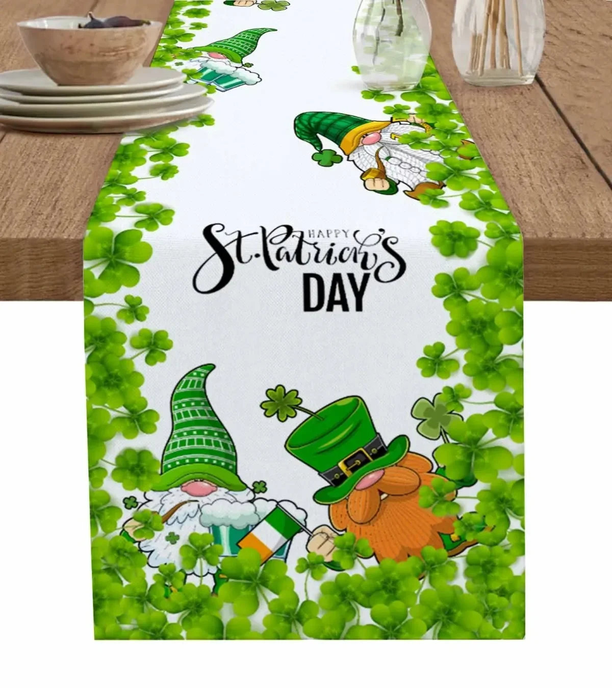 St Patrick'S Day Gnome Shamrock Linen Table Runner Wedding Dining  Decoration Kitchen Cloth