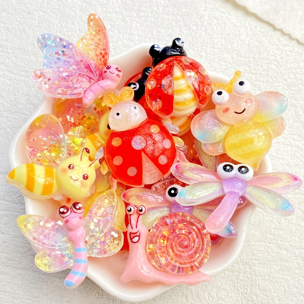 10Pcs New Cute Resin Cartoon Bees, Beetles, Butterflies, Snails Flat Back Scrapbooking DIY Jewelry Craft Decoration Accessories