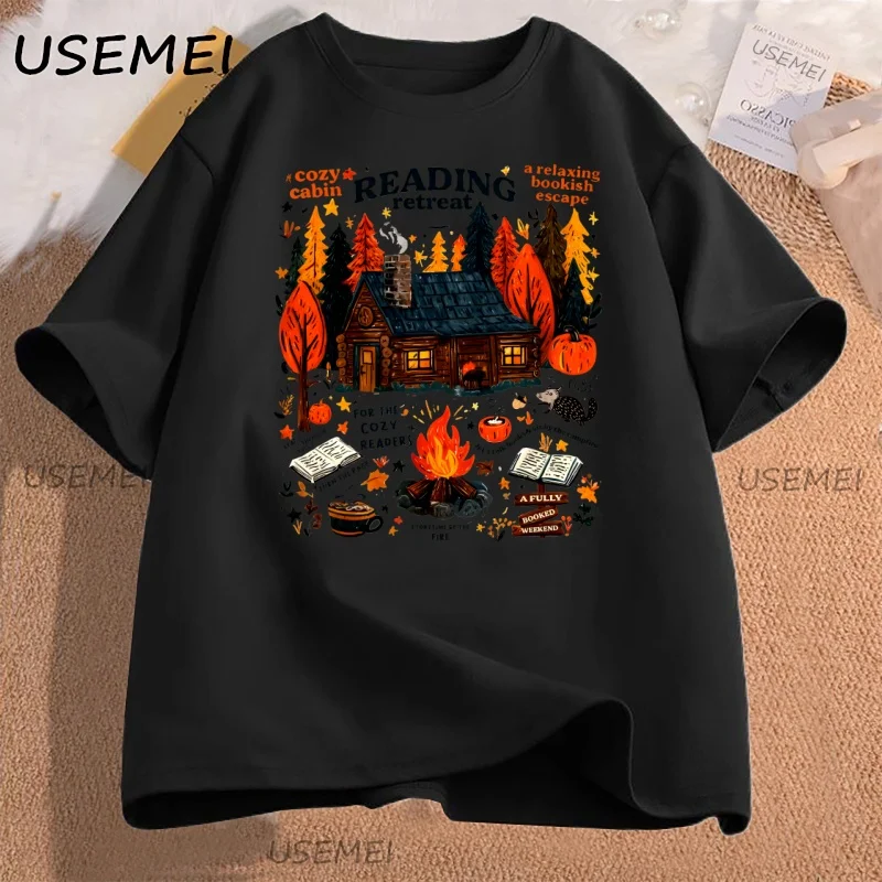 Cozy Cabin Reading Retreat T-shirt Fall Bookish Tshirt Readers Pumpkin Spice Book T Shirt Fashion Kawaii T-shirt Y2K Clothing