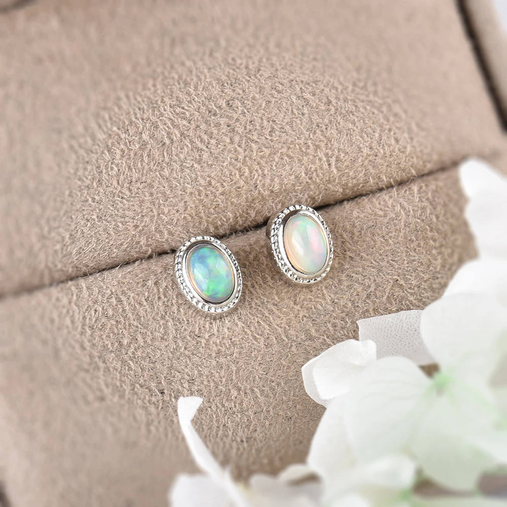 ITSMOS Natural Opal Earrings Silver Post Oval Cube Natural Gemstone Studs Twisted Lace Piercing Earrings for Women Gift