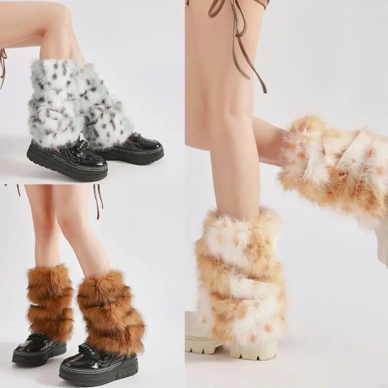 HX6F Harajuku Punk Fuzzy ขาอุ่นสำหรับผู้หญิงตุ๊กตาสัตว์จุด BOOT Cuffs สำหรับแฟชั่นฤดูหนาวและเครื่องแต่งกาย