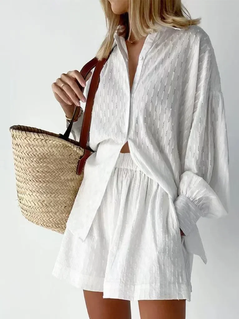 2024 Summer Women White Shorts Sets Hollow Loose Shirt And Shorts Suit 2 Piece Set Fabric Lantern Sleeve Female Outfits Homewear