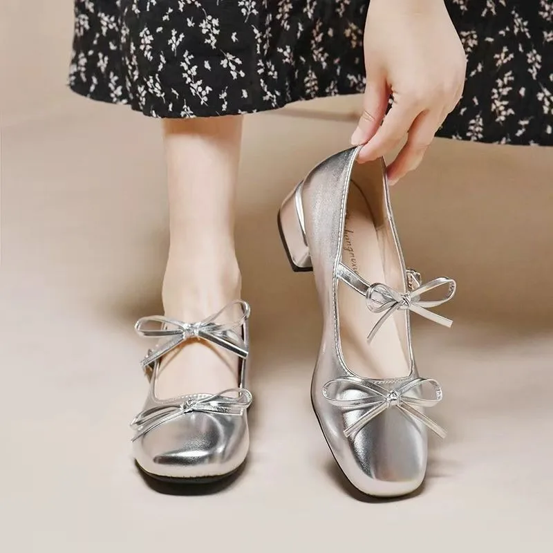 

2023 модное женское платье на высоком каблуке, новое платье с узлом-бабочкой, универсальные бестселлеры высокого качества с квадратным носком, туфли Мэри Джейн