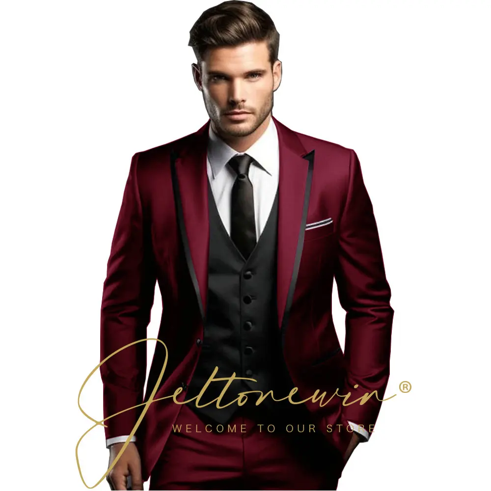 

Burgundy Elegant Wedding Suits For Men Slim Fit Peaked Lapel Groom Prom Tuxedos 3 Pieces Sets High-end Male Blazers Ropa Hombre