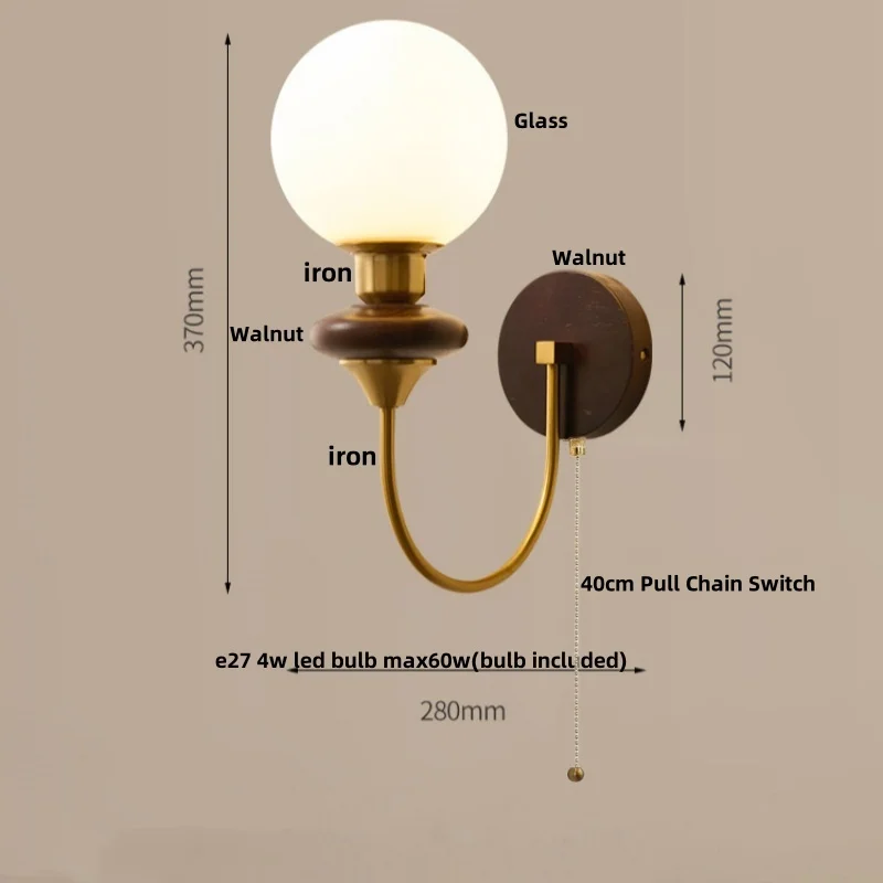 IWHD Glass LED Wall Lights Sconce Hallway Hotel Bedside Lamp Walnut Wood Modern Pull Chain Switch Bathroom Vanity Mirror Light