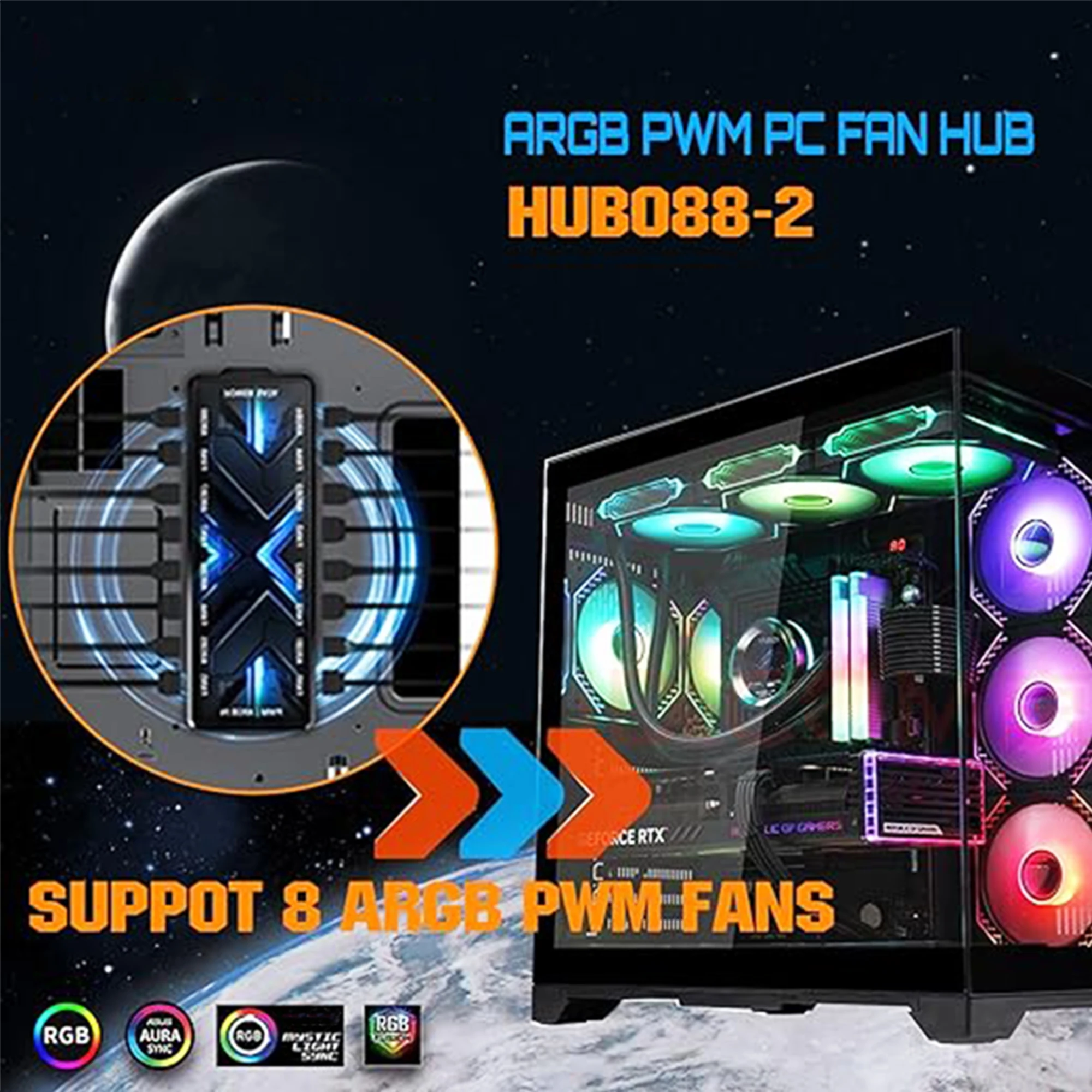 Dualer 8-Port ARGB PWM 2-in-1 Gehäuselüfter-Hub 12V 4-Pin / 5V 3-Pin Standardausführung / Fernbedienungs-Edition (Batterie nicht enthalten) – Detail 7