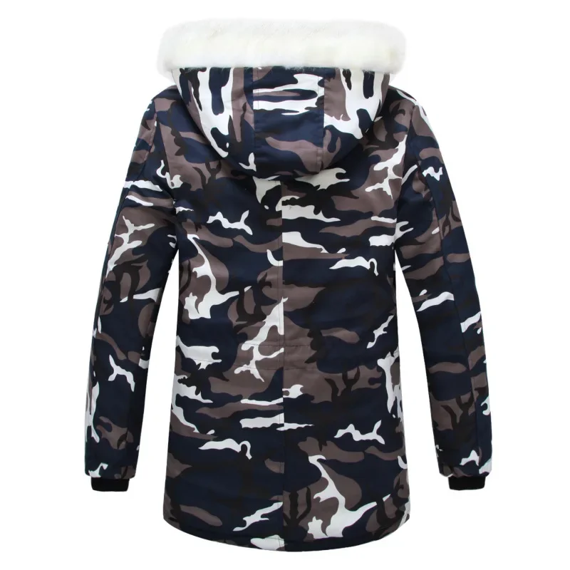 Casaco de algodão longo camuflado masculino, gola de peles artificiais, parka grossa, sobretudo masculino, plus size, roupas de casal, outono e inverno