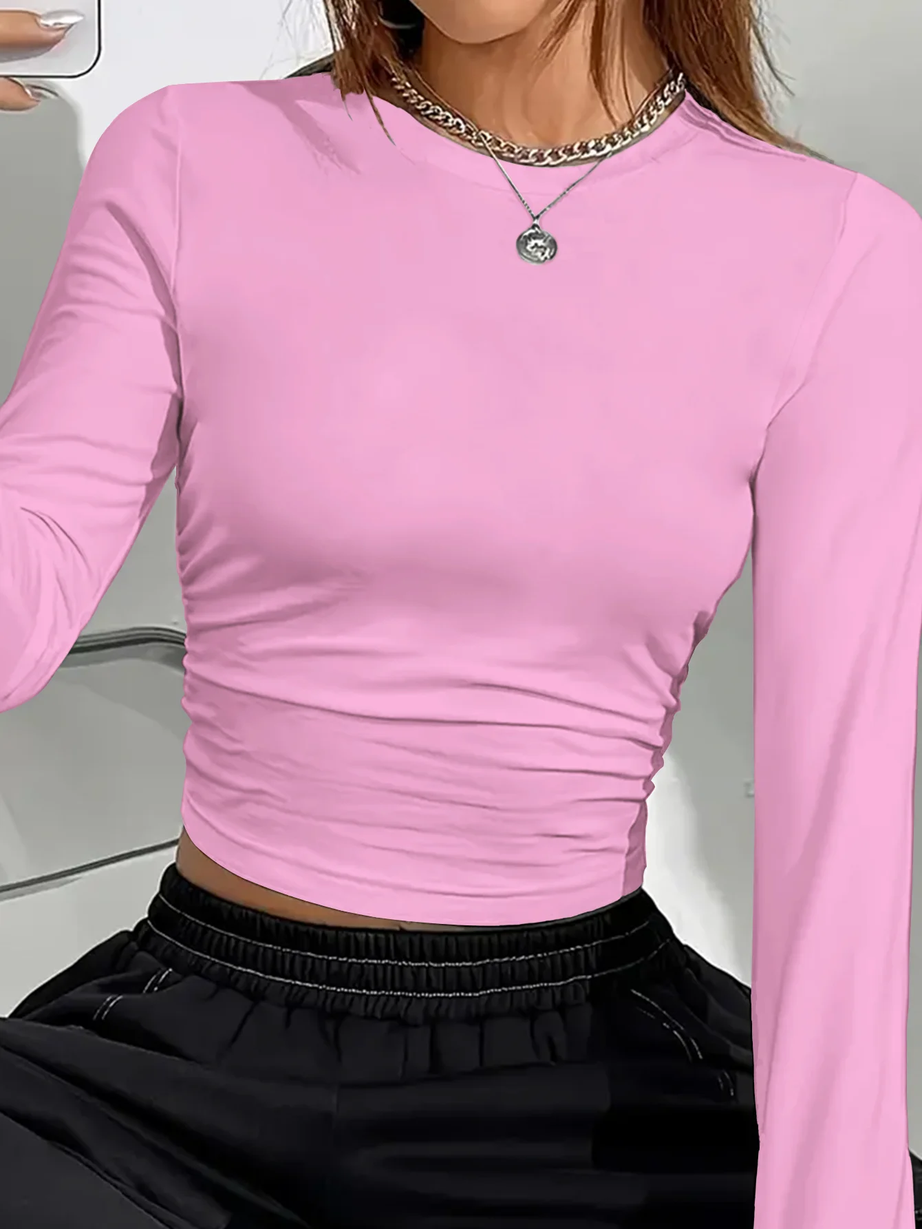 

Women's Fashion Long Sleeve Round Neck Casual T-Shirt - Soft Fabric, Daily Wear, Slim Fit Women's Clothing for Spring & Autumn
