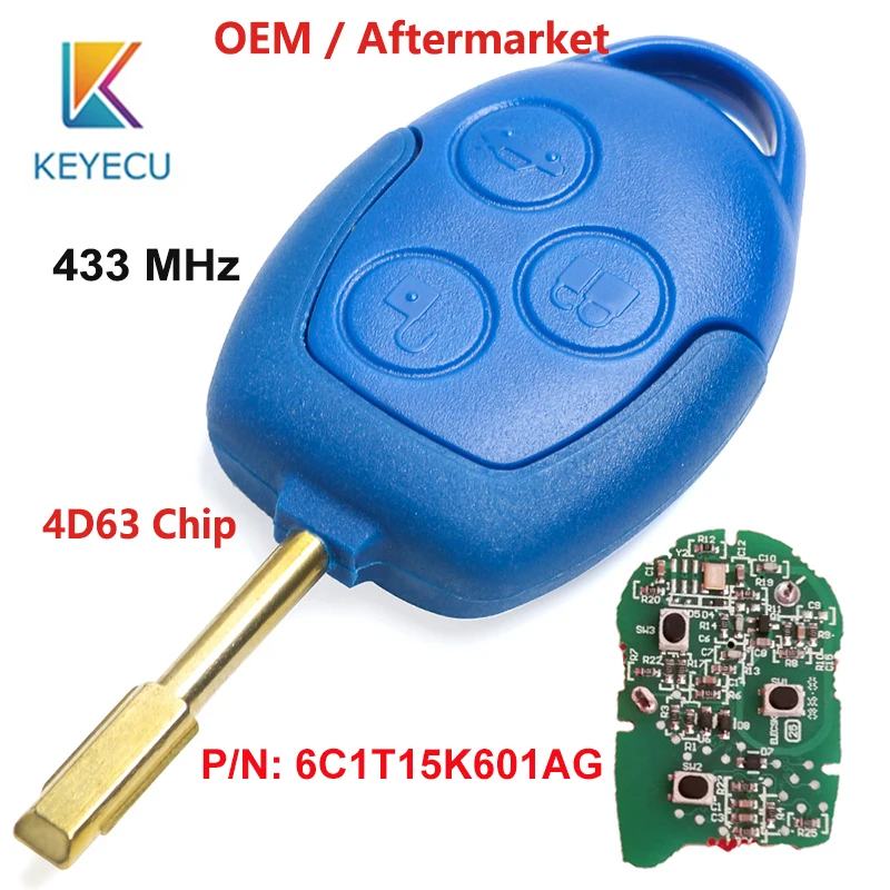 

KEYECU OEM Genuine/ Aftermarket Remote Car Key Blue 3 Button 433MHz 4D63 for Ford Transit WM VM 2006-2014 P/N: 6C1T15K601AG FO21