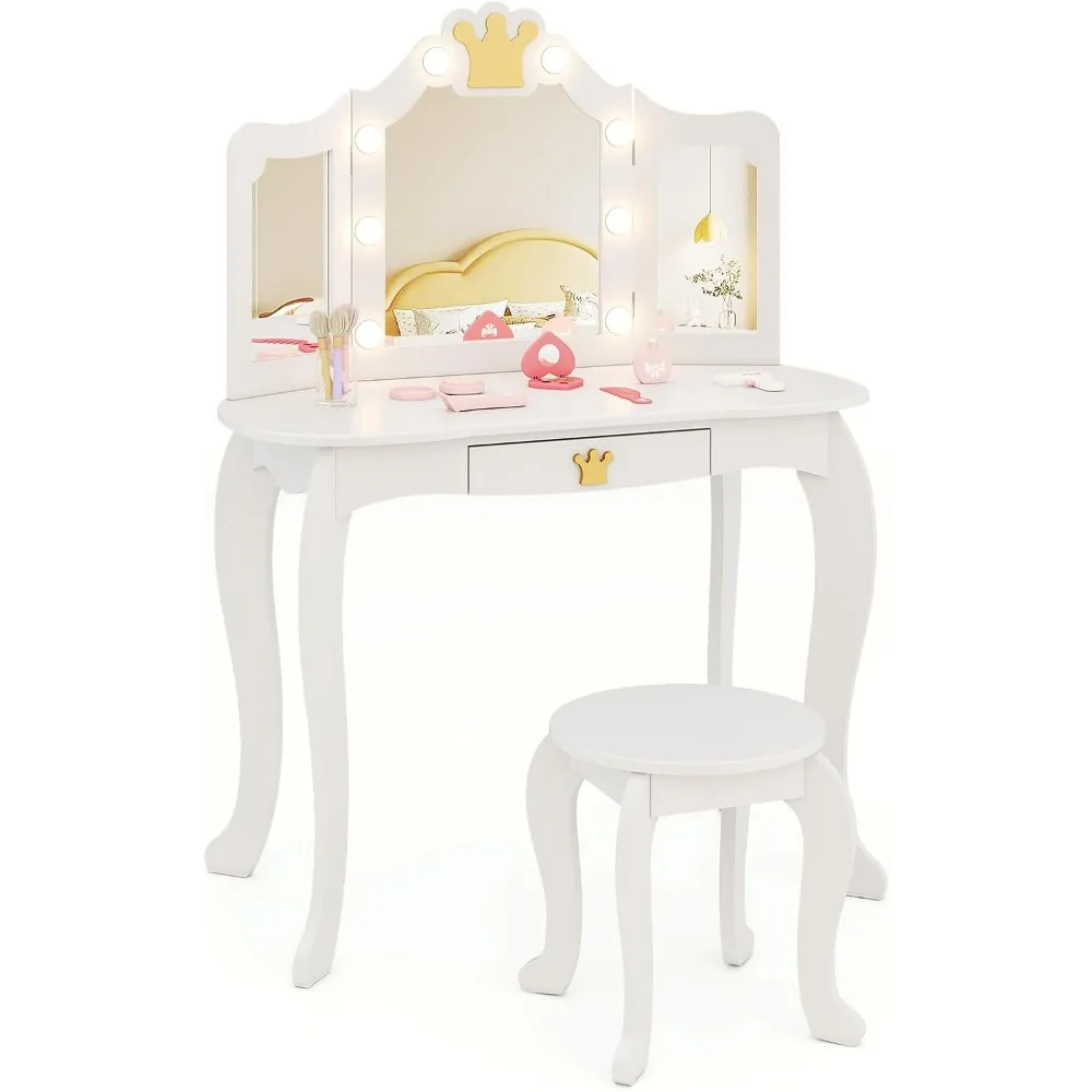 

Kids Vanity with Lights, Crown Girls Vanity Set with Mirror and Stool and Lights, Toddler Vanity, Wooden Makeup Table for Littl