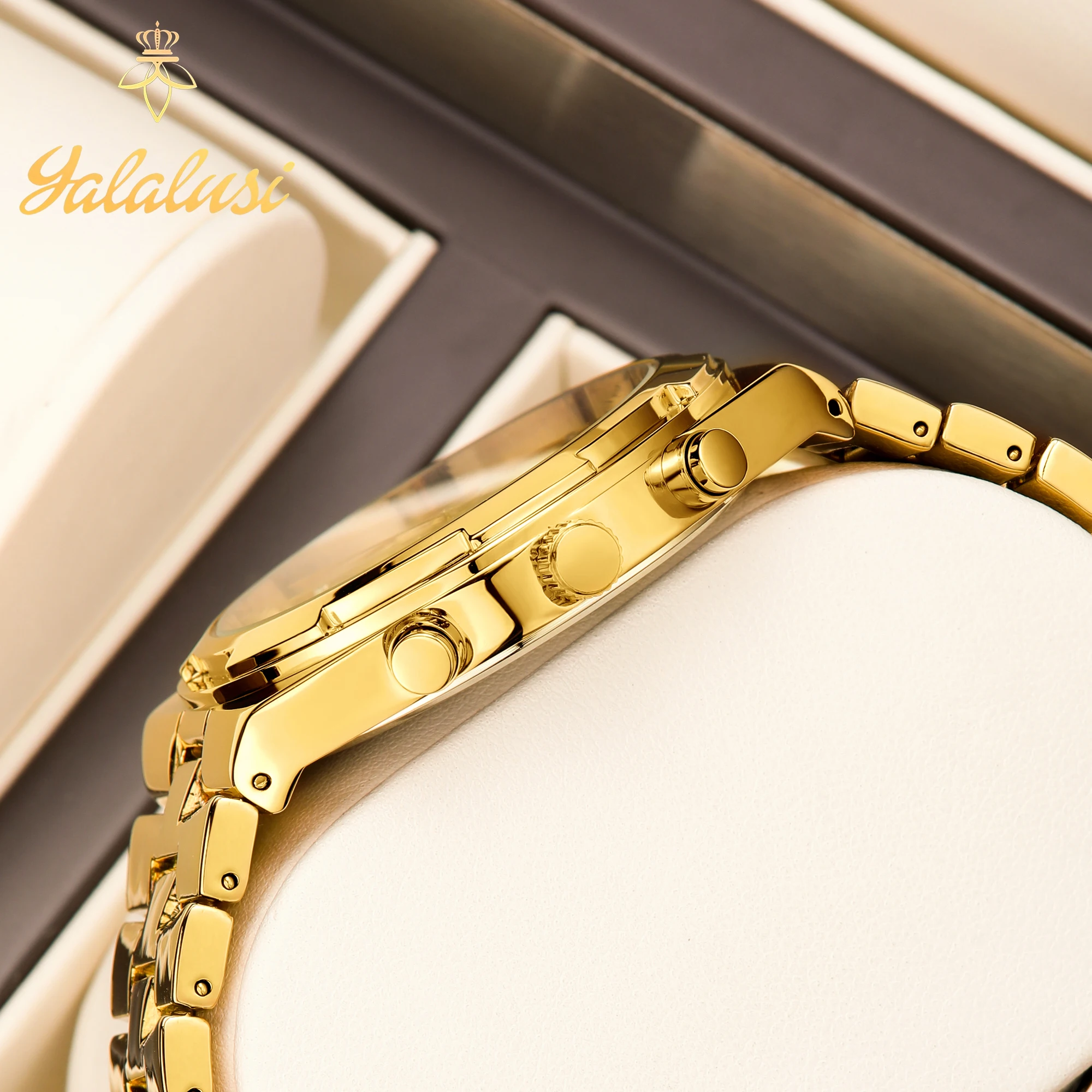 ساعات كوارتز مخصصة للزوجين من YaLaLuSi ساعات زوجين فاخرة مطلية بالذهب وتغليف صندوق هدايا أنيق