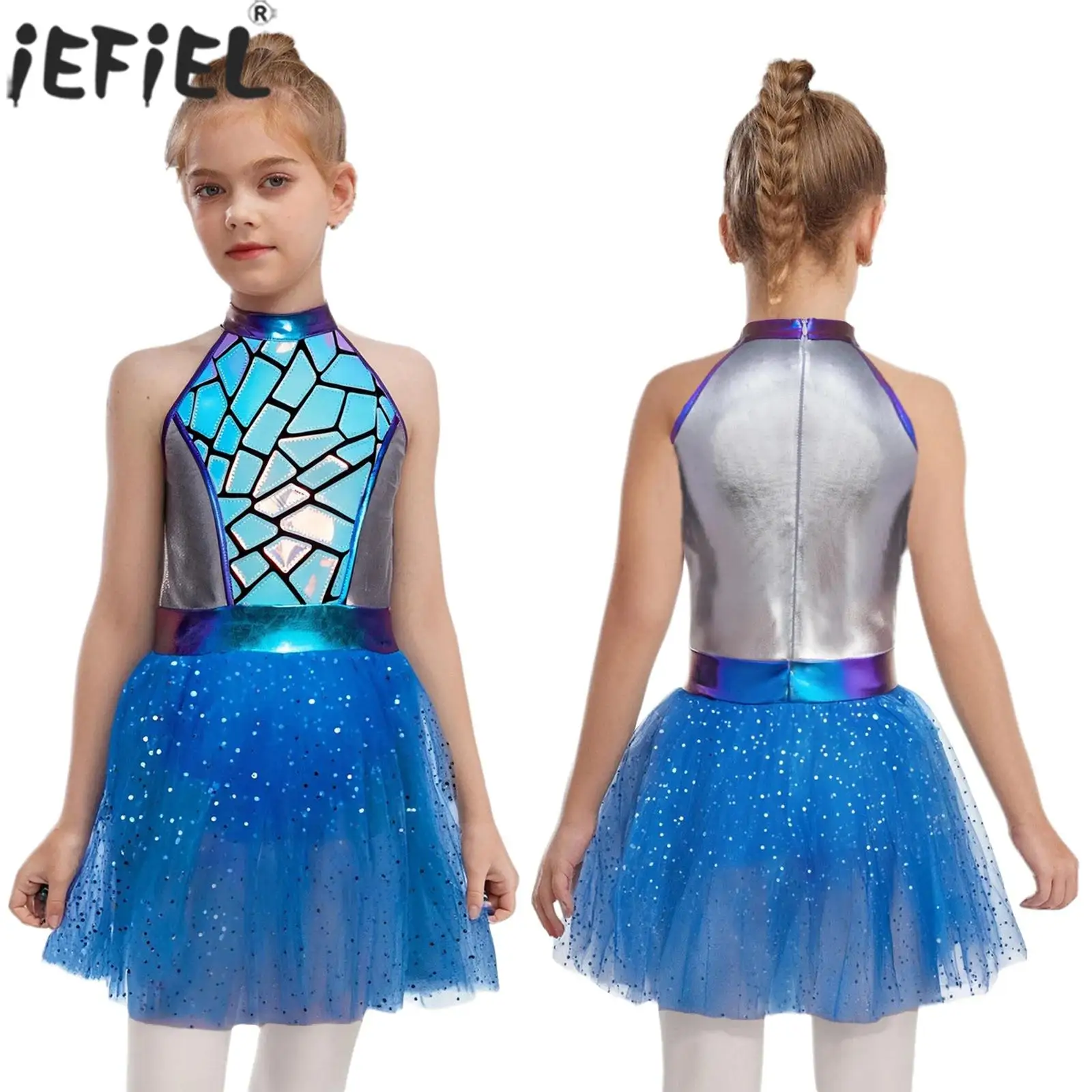 

Girls Halloween Party Alien Astronaut Space Warrior Cosplay Performance Costume Metallic Shiny Ballet Dance Tutu Dress Leotard