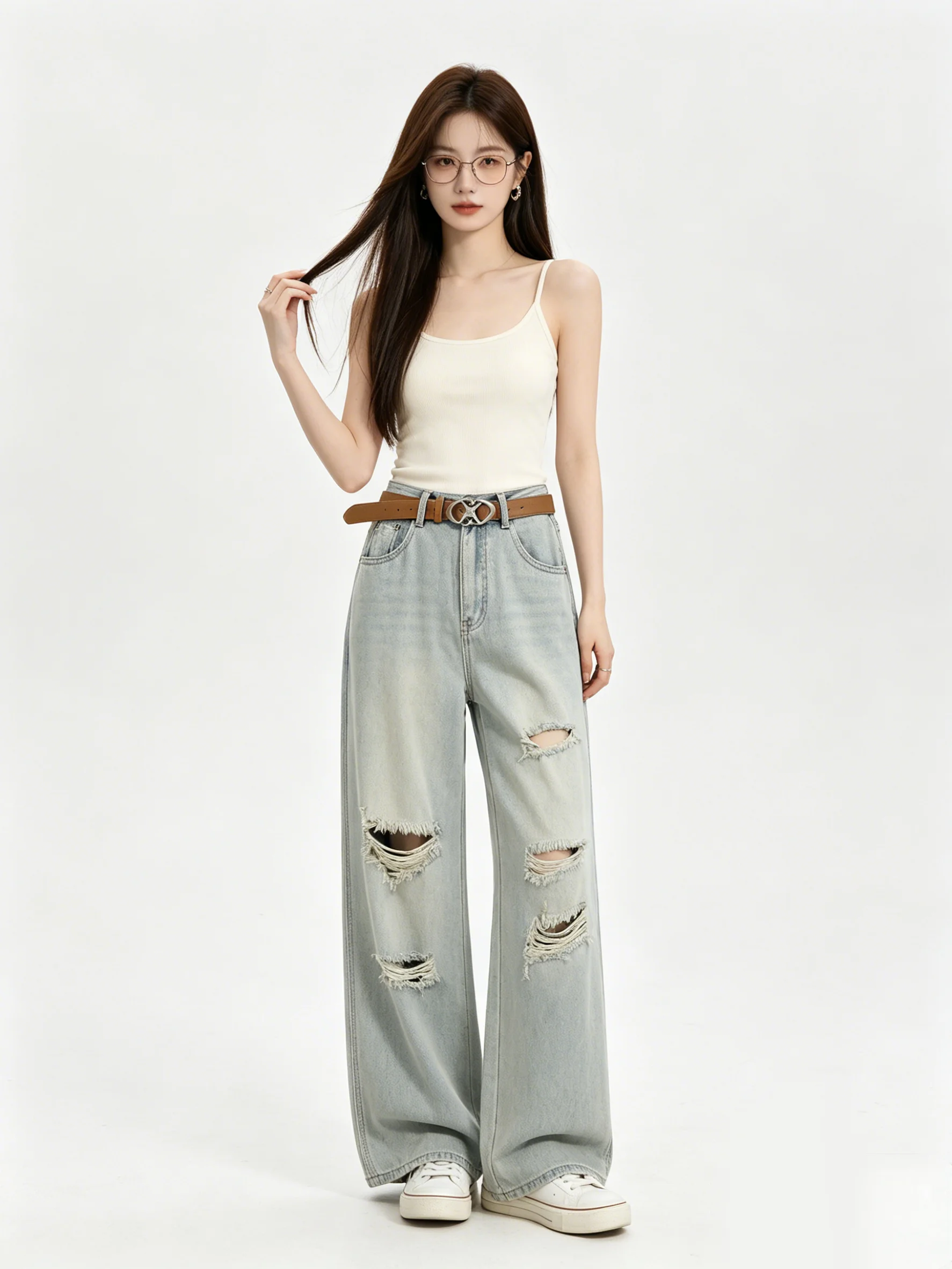 

Washed out High Waist Wide Leg Jeans Casual Style Zipper Closure High Elasticity Summer Fashionable Jeans for Young Women