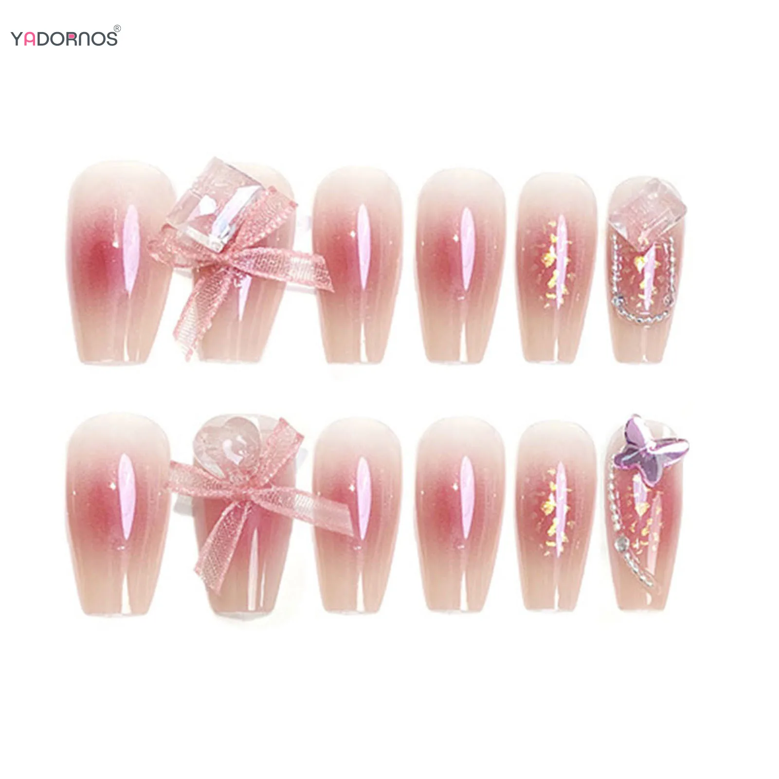 Gradient Pink Fake Nails Long Ballerina Press on Nails Sweet Girls Charms False Nails Butterlfy Diamond Designs Korean Fashion